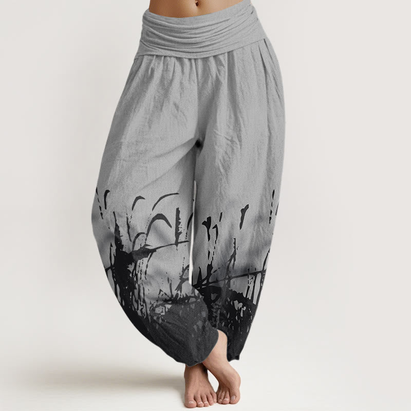 Pantalones bombachos de cintura elástica para mujer con estampado de hierbas silvestres y Buddha Stones , de algodón. - Gris - US22，UK/AU26，EU54 (6XL) - image 0