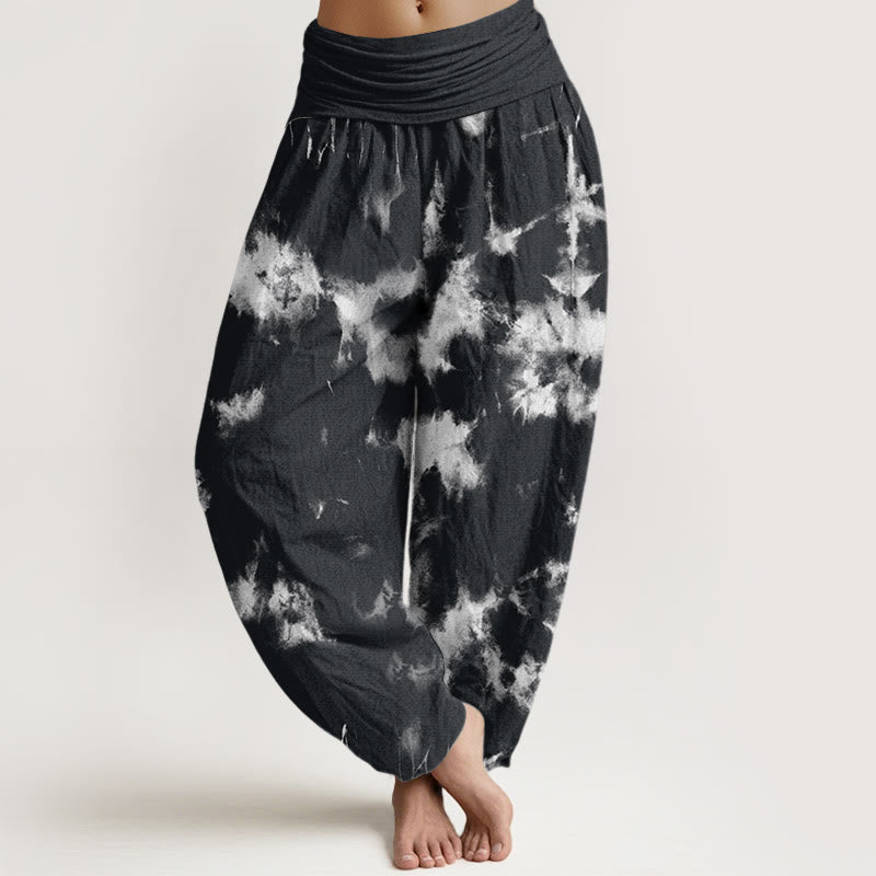 Pantalones harén con cintura elástica para mujer con estampado tie-dye de líneas blancas y lunares de Buddha Stones - Negro - US22，UK/AU26，EU54 (6XL) - image 1