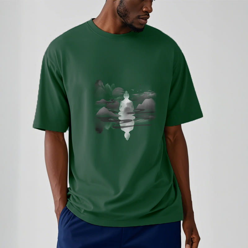 Camiseta de algodón con estampado de Buda sentado en las montañas y Buddha Stones meditando - image 11