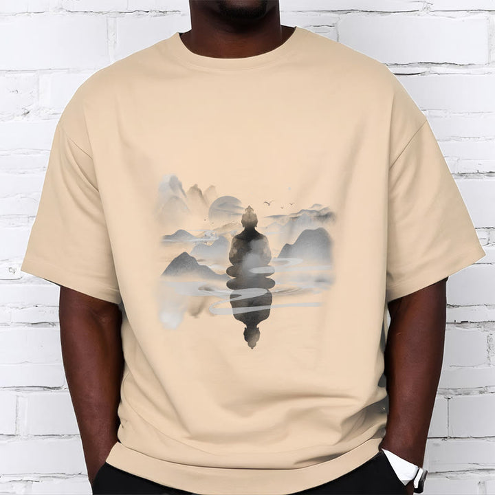 Camiseta de algodón con estampado de Buda sentado en las montañas y Buddha Stones meditando - image 17