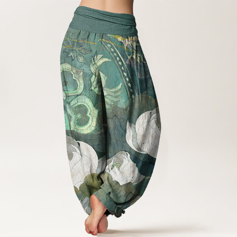 Pantalones harén informales con cintura elástica para mujer con estampado de hojas de loto blanco y Buddha Stones - image 2