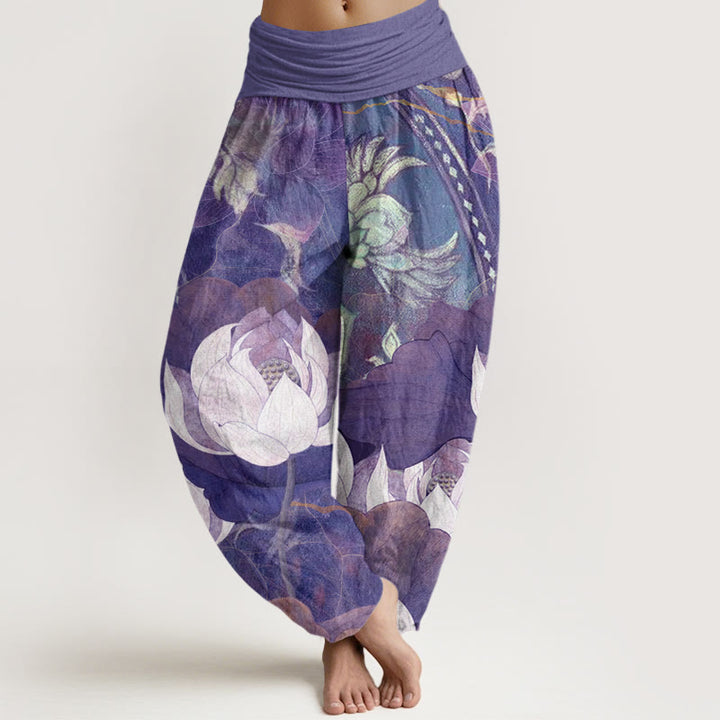 Pantalones harén informales con cintura elástica para mujer con estampado de hojas de loto blanco y Buddha Stones - Morado medio - US22，UK/AU26，EU54 (6XL) - image 8