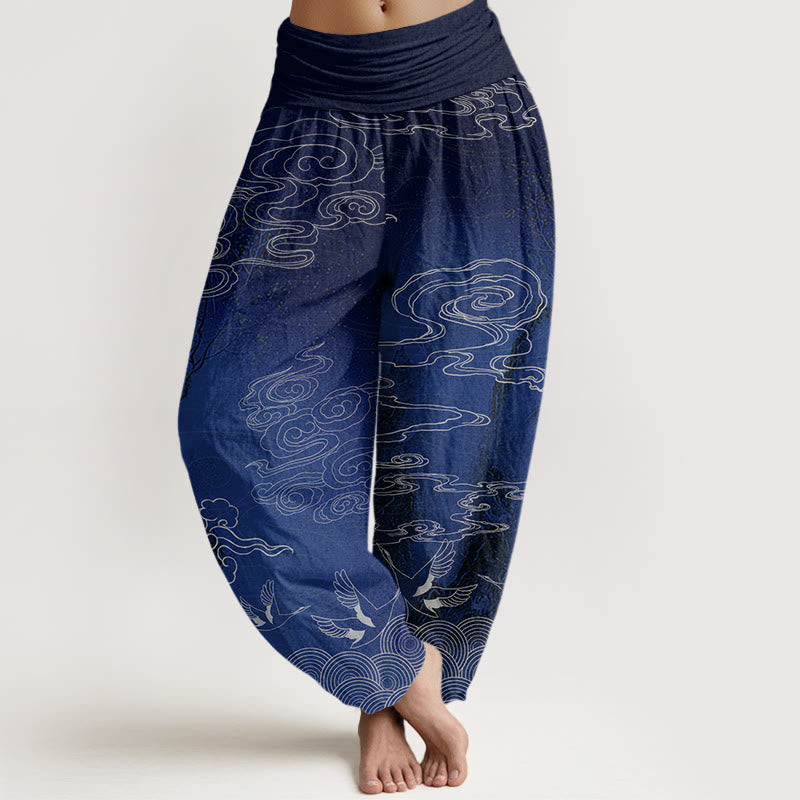 Pantalones harén con cintura elástica para mujer con diseño de árboles, pájaros, nubes y piedras de Buddha Stones en color blanco - Azul oscuro - US22，UK/AU26，EU54 (6XL) - image 0