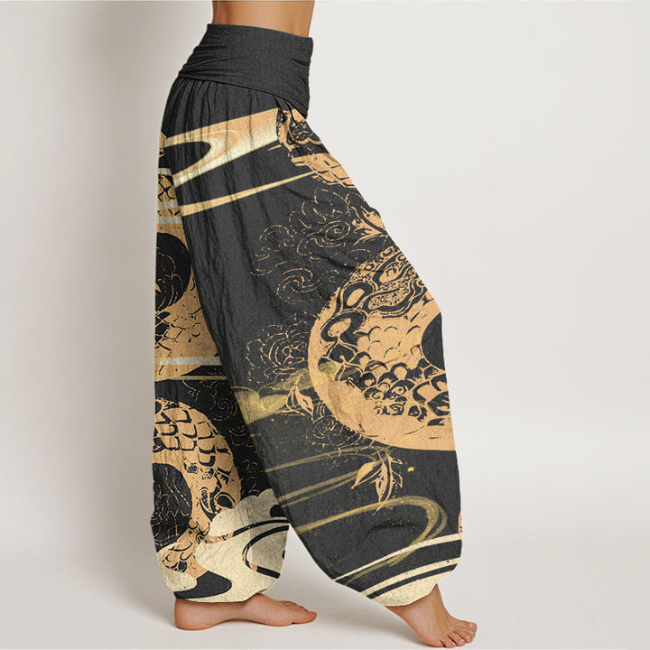 Pantalones bombachos de cintura elástica para mujer con estampado de nubes auspiciosas y serpientes de algodón con Buddha Stones - image 1