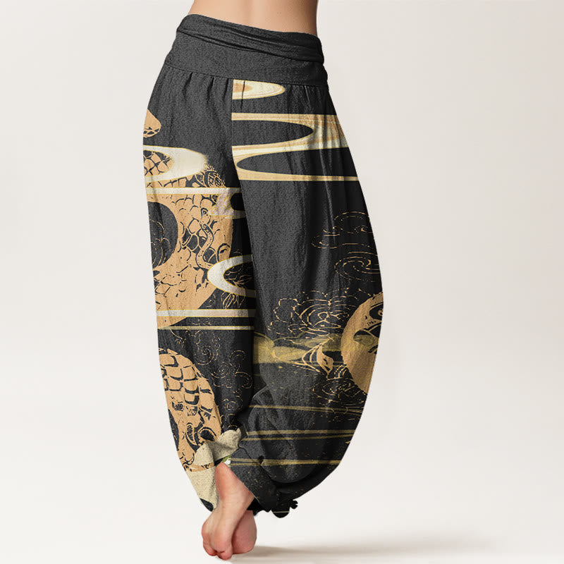 Pantalones bombachos de cintura elástica para mujer con estampado de nubes auspiciosas y serpientes de algodón con Buddha Stones - image 2
