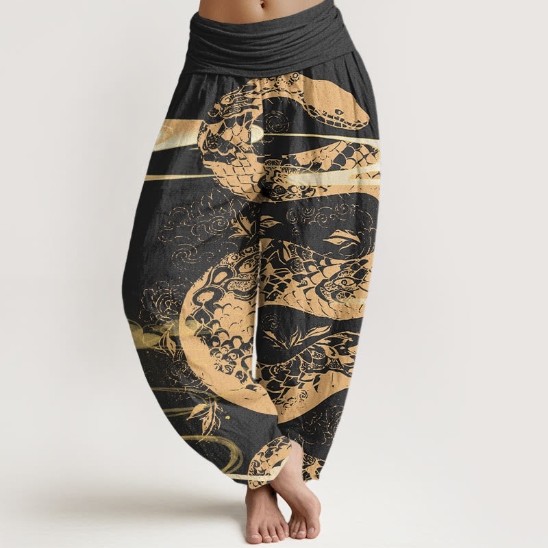 Pantalones harén de cintura elástica para mujer con diseño de serpiente, nubes auspiciosas y Buddha Stones - Negro - US22，UK/AU26，EU54 (6XL) - image 1