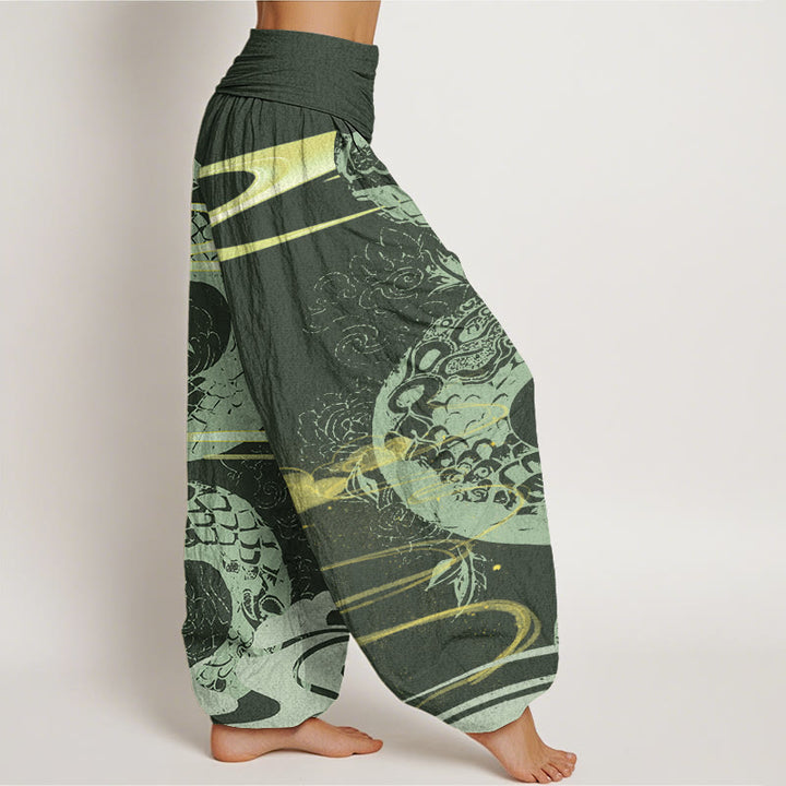 Pantalones bombachos de cintura elástica para mujer con estampado de nubes auspiciosas y serpientes de algodón con Buddha Stones - image 5