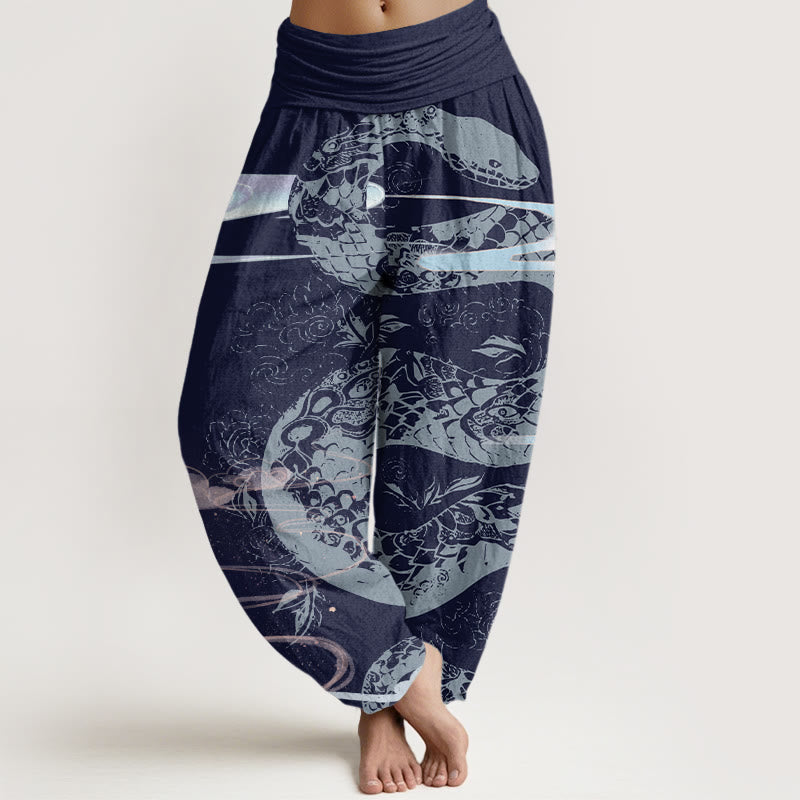 Pantalones bombachos de cintura elástica para mujer con estampado de nubes auspiciosas y serpientes de algodón con Buddha Stones - Azul oscuro - US22，UK/AU26，EU54 (6XL) - image 7