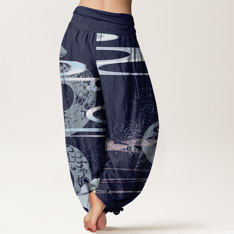 Pantalones bombachos de cintura elástica para mujer con estampado de nubes auspiciosas y serpientes de algodón con Buddha Stones - image 9