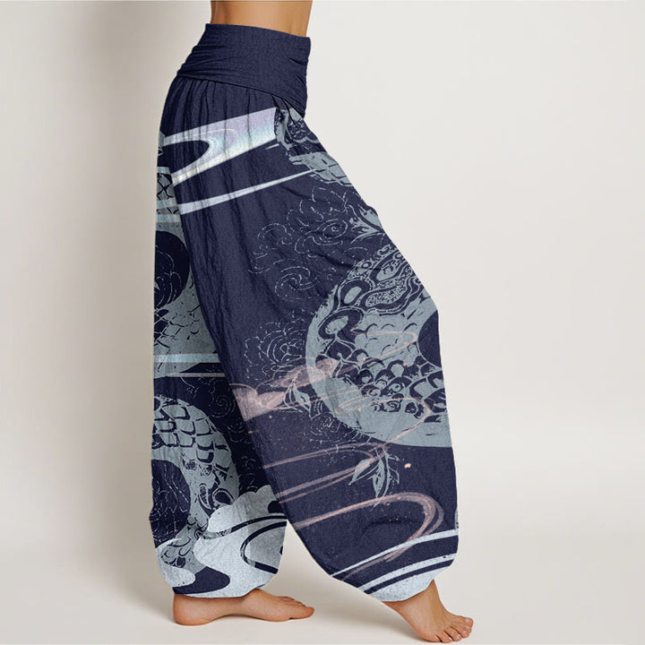 Pantalones bombachos de cintura elástica para mujer con estampado de nubes auspiciosas y serpientes de algodón con Buddha Stones - image 8