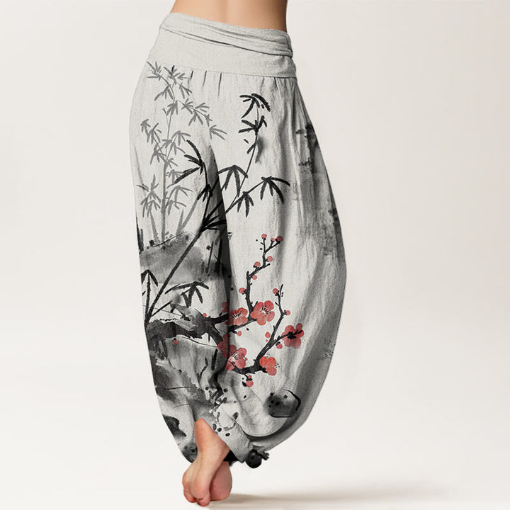 Pantalones harén con cintura elástica para mujer con estampado de Buddha Stones, ciruelos, flores de bambú, orquídeas y crisantemos - image 3
