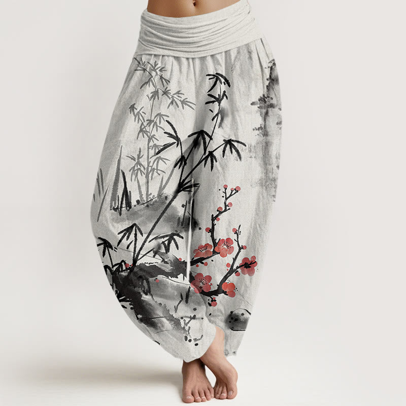 Pantalones harén con cintura elástica para mujer con estampado de Buddha Stones, ciruelos, flores de bambú, orquídeas y crisantemos - Gris claro - US22，UK/AU26，EU54 (6XL) - image 1