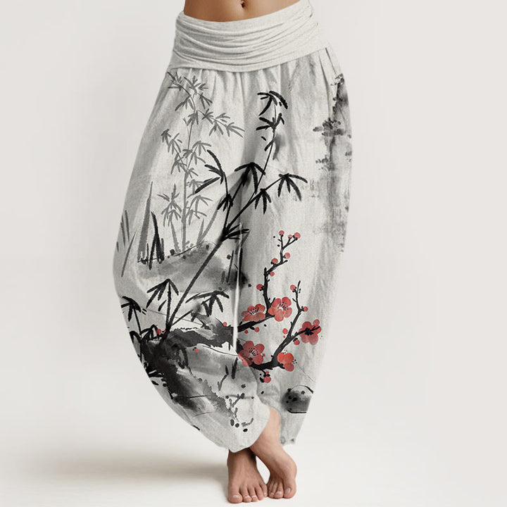 Pantalones harén con cintura elástica para mujer con estampado de Buddha Stones, ciruelos, flores de bambú, orquídeas y crisantemos - Gris claro - US22，UK/AU26，EU54 (6XL) - image 1