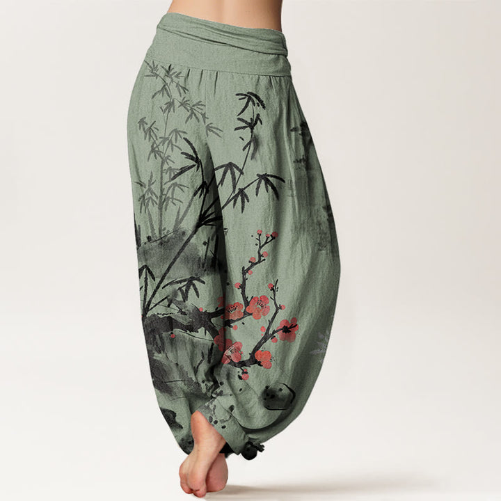 Pantalones harén con cintura elástica para mujer con estampado de Buddha Stones, ciruelos, flores de bambú, orquídeas y crisantemos - image 7