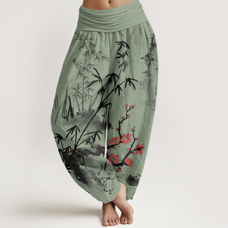 Pantalones harén con cintura elástica para mujer con estampado de Buddha Stones, ciruelos, flores de bambú, orquídeas y crisantemos - Verde claro - US22，UK/AU26，EU54 (6XL) - image 5