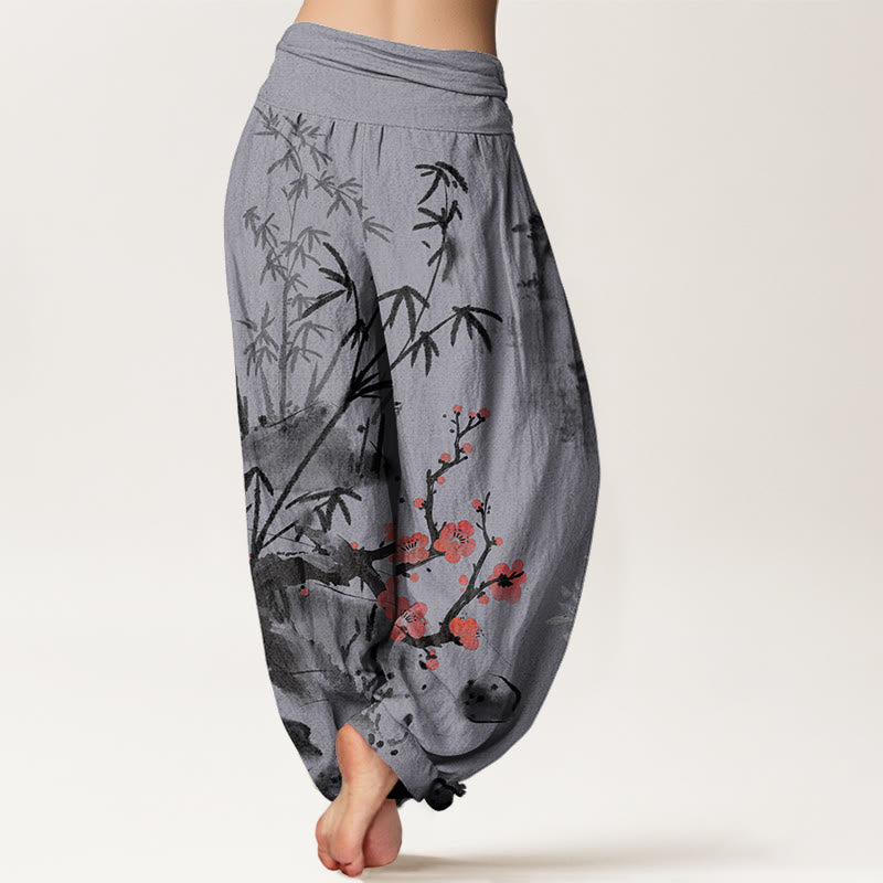 Pantalones harén con cintura elástica para mujer con estampado de Buddha Stones, ciruelos, flores de bambú, orquídeas y crisantemos - image 10