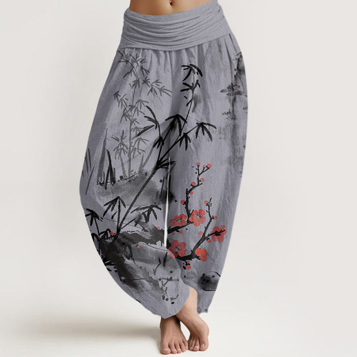 Pantalones harén con cintura elástica para mujer con estampado de Buddha Stones, ciruelos, flores de bambú, orquídeas y crisantemos - Morado medio - US22，UK/AU26，EU54 (6XL) - image 8