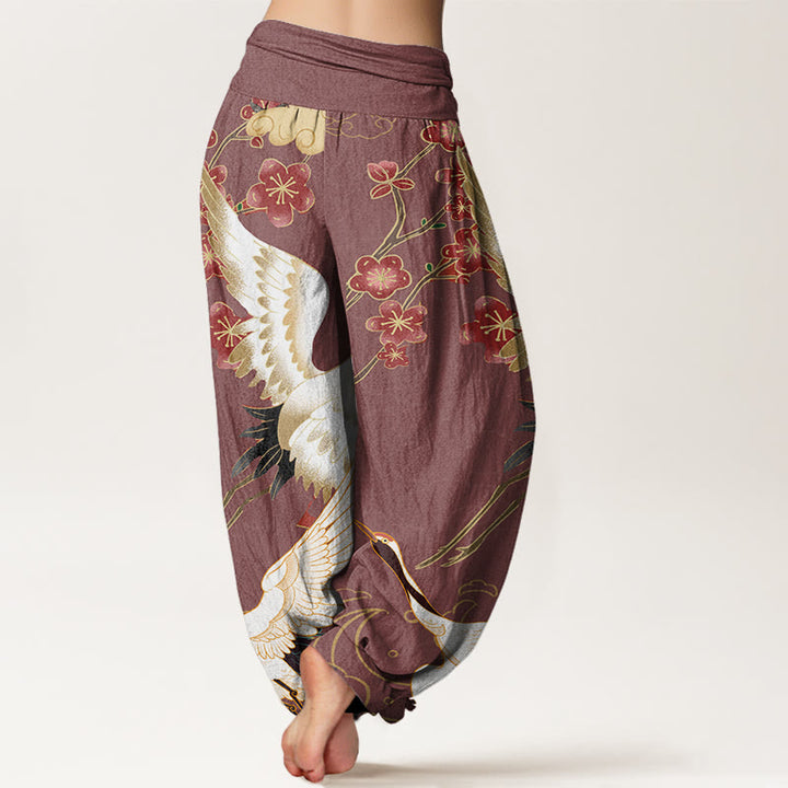 Pantalones bombachos de cintura elástica para mujer con estampado de Buddha Stones, grullas, flores y nubes auspiciosas. - image 6