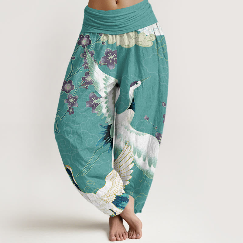 Pantalones bombachos de cintura elástica para mujer con estampado de Buddha Stones, grullas, flores y nubes auspiciosas. - Turquesa - US22，UK/AU26，EU54 (6XL) - image 7