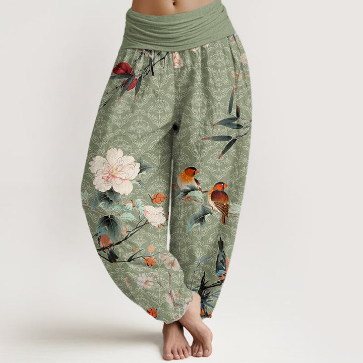 Pantalones bombachos de cintura elástica para mujer con estampado de mandala, flores, ramas y motivos de Buddha Stones, pájaros y otros motivos florales. - Verde claro - US22，UK/AU26，EU54 (6XL) - image 0