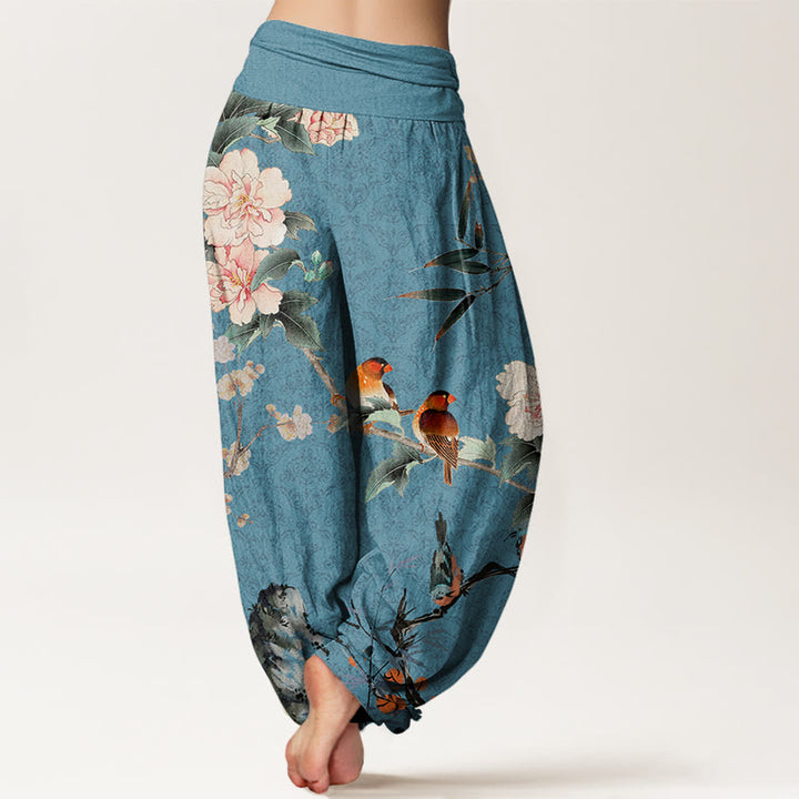 Pantalones harén con cintura elástica para mujer, diseño de mandala, ramas de flores en flor, pájaros, currucas y Buddha Stones - image 7