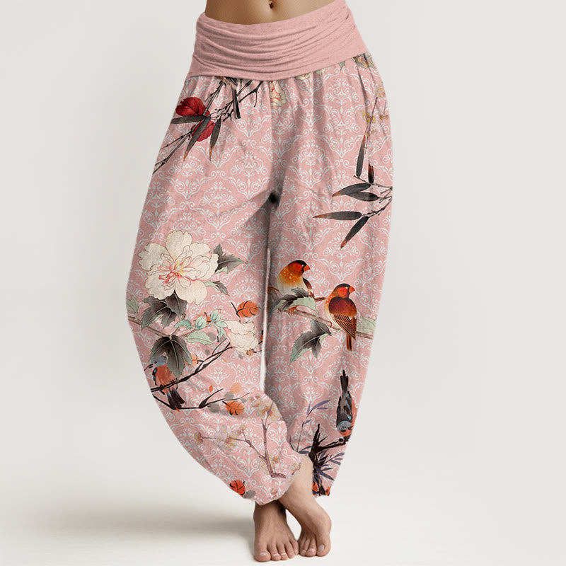 Pantalones bombachos de cintura elástica para mujer con estampado de mandala, flores, ramas y motivos de Buddha Stones, pájaros y otros motivos florales. - Rosa - US22，UK/AU26，EU54 (6XL) - image 7