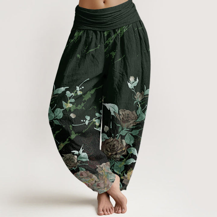 Pantalones bombachos de cintura elástica para mujer con estampado de rosas en flor de algodón y Buddha Stones - Verde oscuro - US22，UK/AU26，EU54 (6XL) - image 7