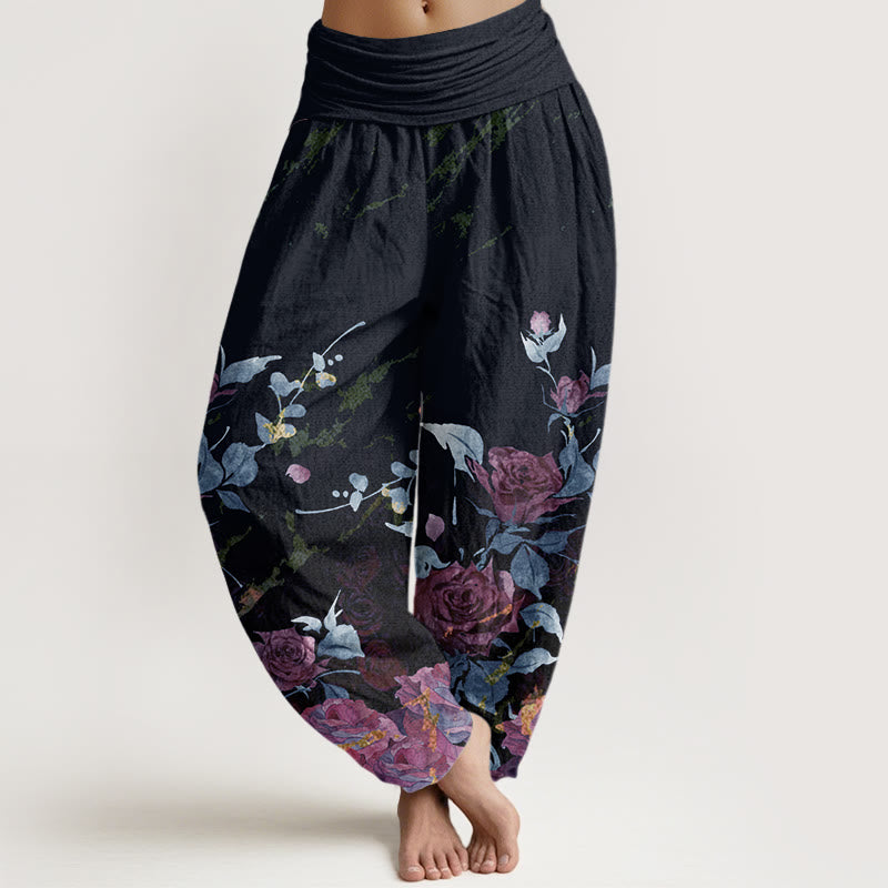 Pantalones bombachos de cintura elástica para mujer con estampado de rosas en flor de algodón y Buddha Stones - Gris pizarra oscuro - US22，UK/AU26，EU54 (6XL) - image 4