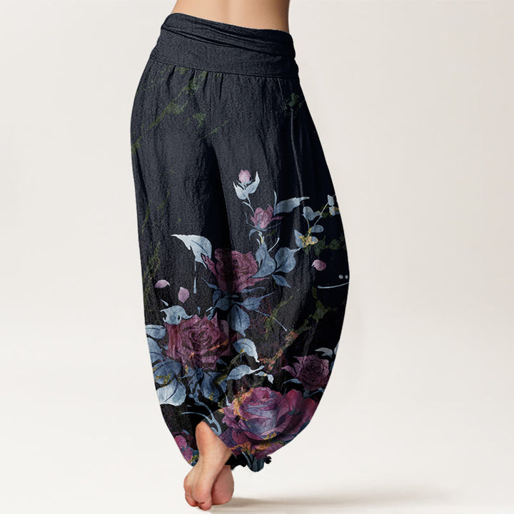 Pantalones harén con cintura elástica para mujer con estampado de rosas en flor y Buddha Stones - image 7