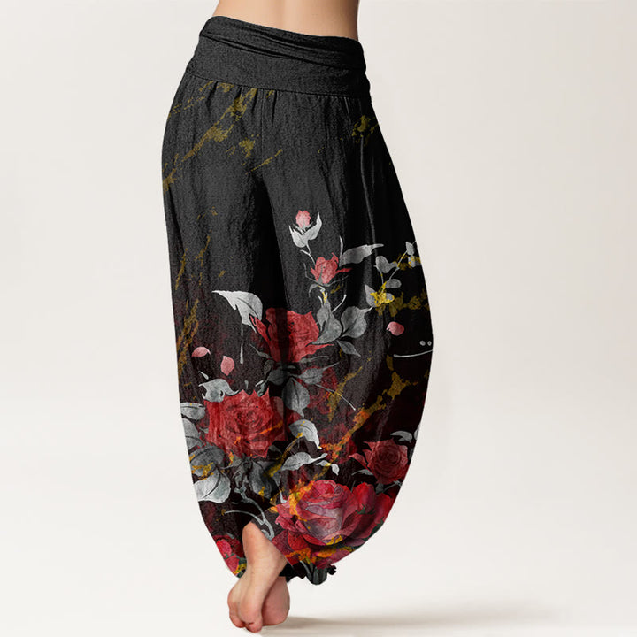 Pantalones bombachos de cintura elástica para mujer con estampado de rosas en flor de algodón y Buddha Stones - image 2