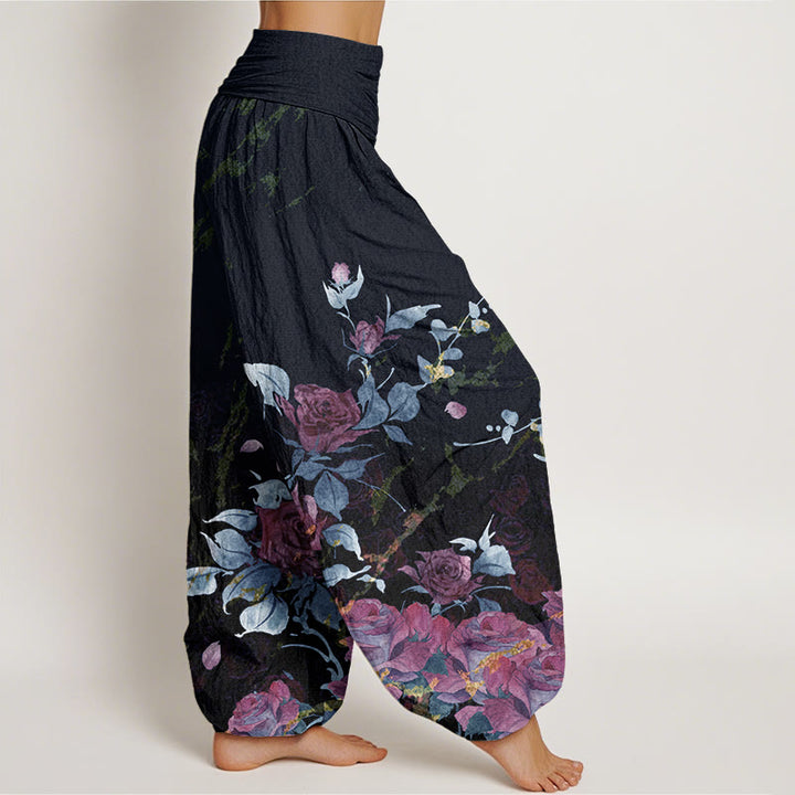 Pantalones bombachos de cintura elástica para mujer con estampado de rosas en flor de algodón y Buddha Stones - image 5