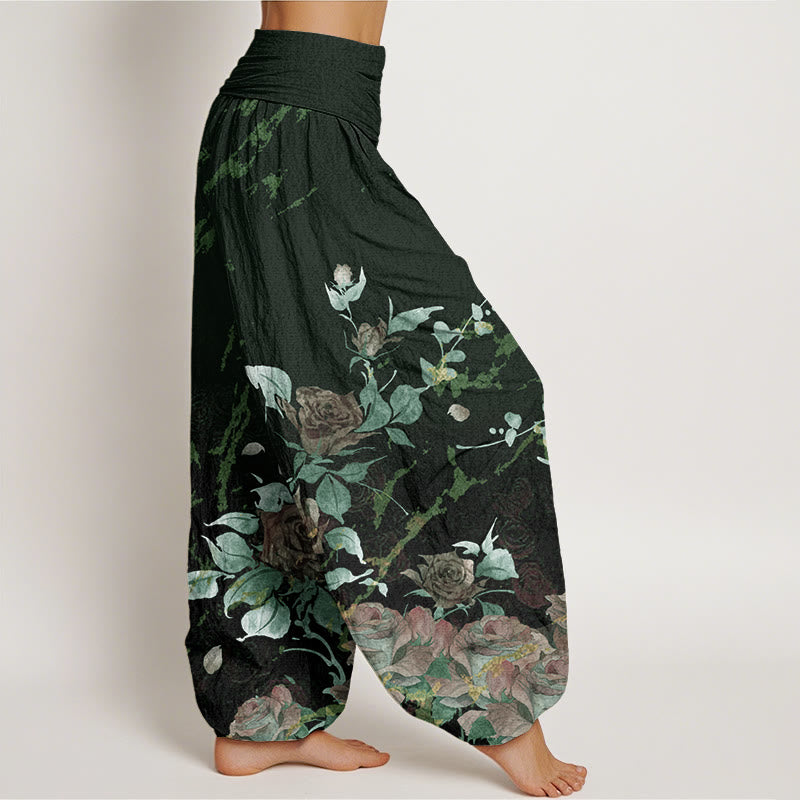 Pantalones harén con cintura elástica para mujer con estampado de rosas en flor y Buddha Stones - image 9