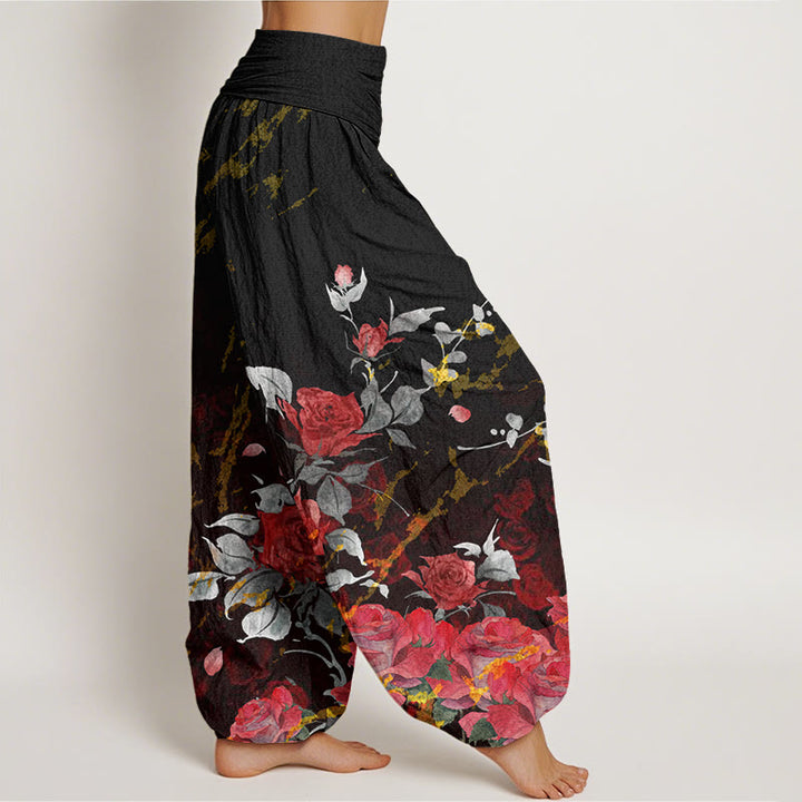 Pantalones bombachos de cintura elástica para mujer con estampado de rosas en flor de algodón y Buddha Stones - image 1