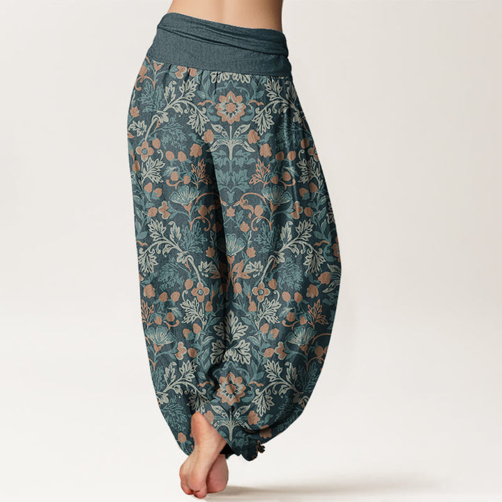 Pantalones bombachos de mujer con cintura elástica, estampado de flores, hojas y enredaderas de algodón con Buddha Stones. - image 2