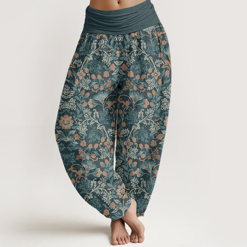 Pantalones bombachos de mujer con cintura elástica, estampado de flores, hojas y enredaderas de algodón con Buddha Stones. - Azul cadete - US22，UK/AU26，EU54 (6XL) - image 0