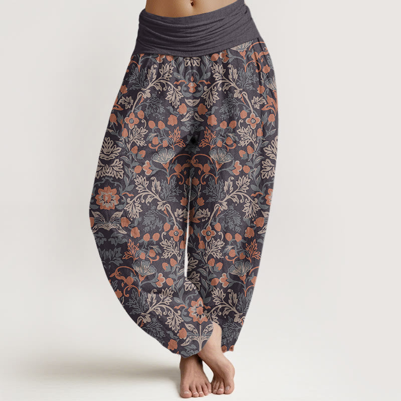 Pantalones bombachos de mujer con cintura elástica, estampado de flores, hojas y enredaderas de algodón con Buddha Stones. - Marrón rosado - US22，UK/AU26，EU54 (6XL) - image 4