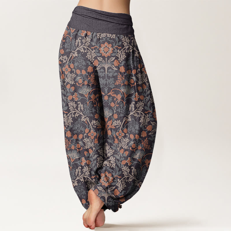 Pantalones bombachos de mujer con cintura elástica, estampado de flores, hojas y enredaderas de algodón con Buddha Stones. - image 6