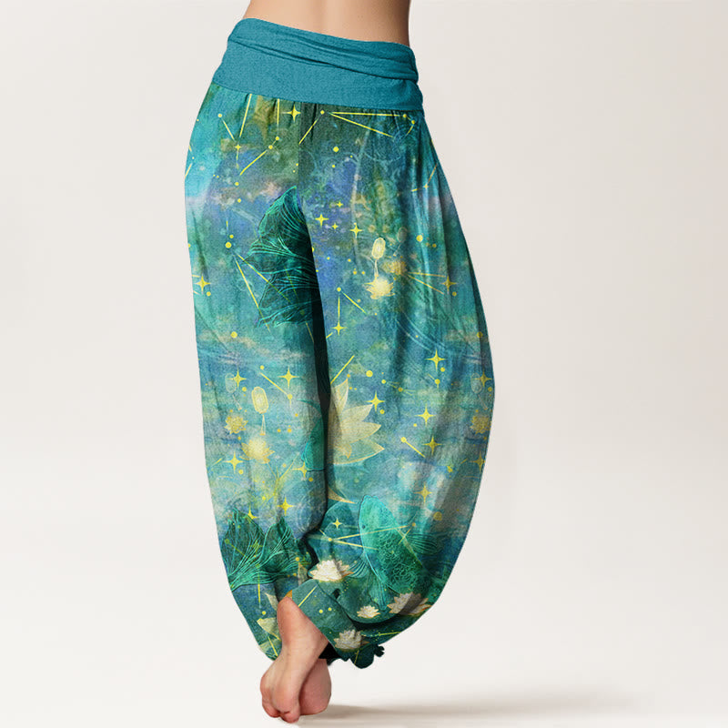 Pantalones harén con cintura elástica para mujer con estampado de estrellas, luna, loto y peces koi y piedras de Buddha Stones - image 10