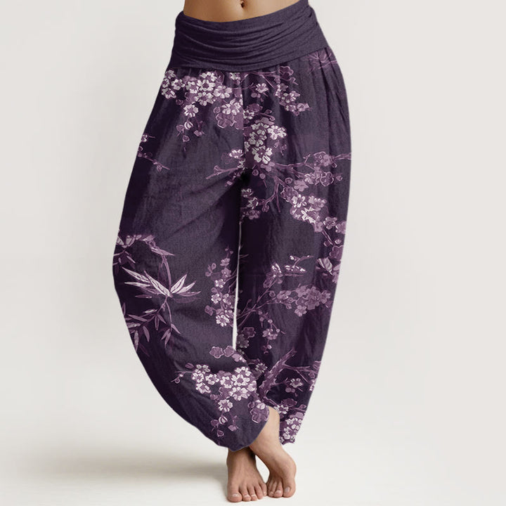 Pantalones harén con cintura elástica para mujer con estampado de flores de cerezo blancas y Buddha Stones - Púrpura - US22，UK/AU26，EU54 (6XL) - image 5