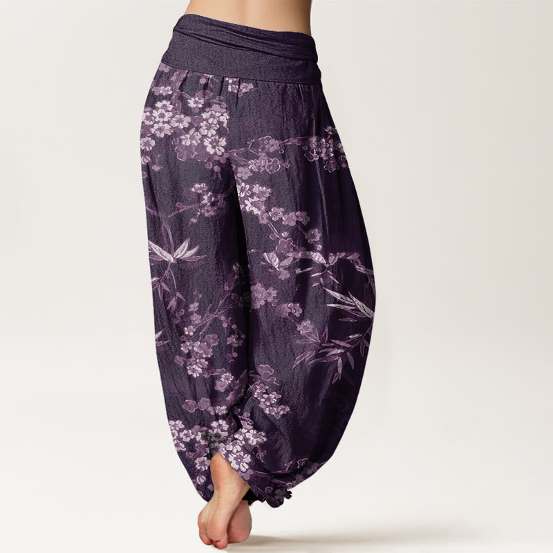 Pantalones bombachos de cintura elástica para mujer, de algodón blanco con estampado de flores de sakura y piedras de Buddha Stones. - image 6