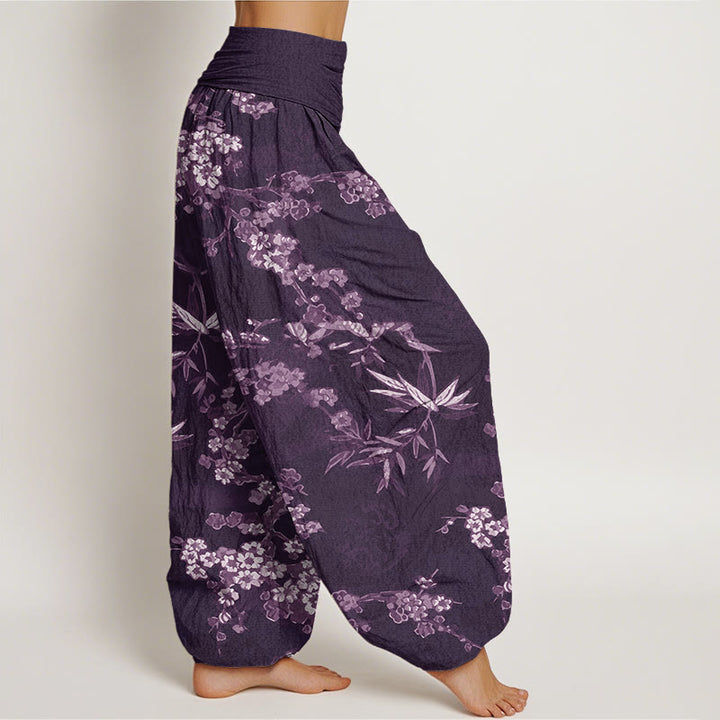 Pantalones bombachos de cintura elástica para mujer, de algodón blanco con estampado de flores de sakura y piedras de Buddha Stones. - image 5