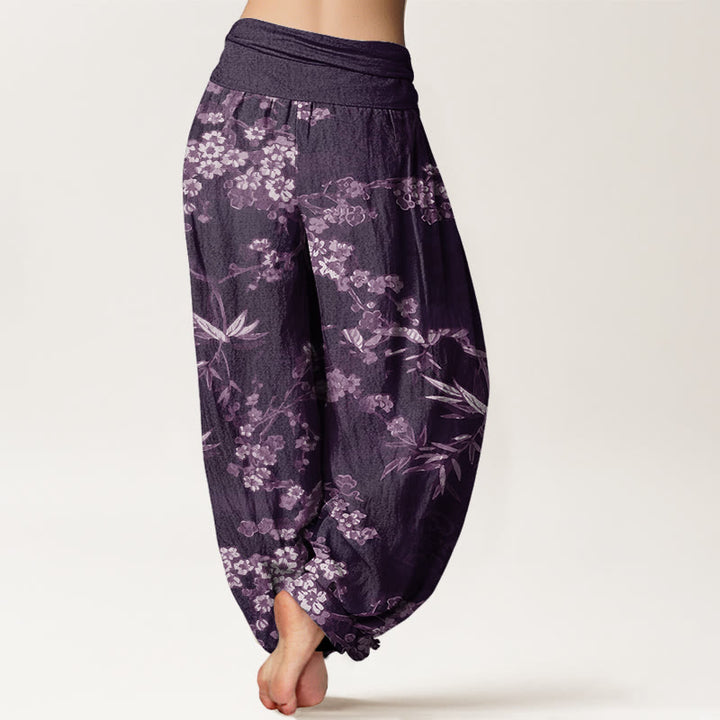 Pantalones harén con cintura elástica para mujer con estampado de flores de cerezo blancas y Buddha Stones - image 7
