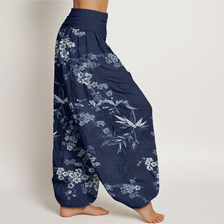Pantalones bombachos de cintura elástica para mujer, de algodón blanco con estampado de flores de sakura y piedras de Buddha Stones. - image 1
