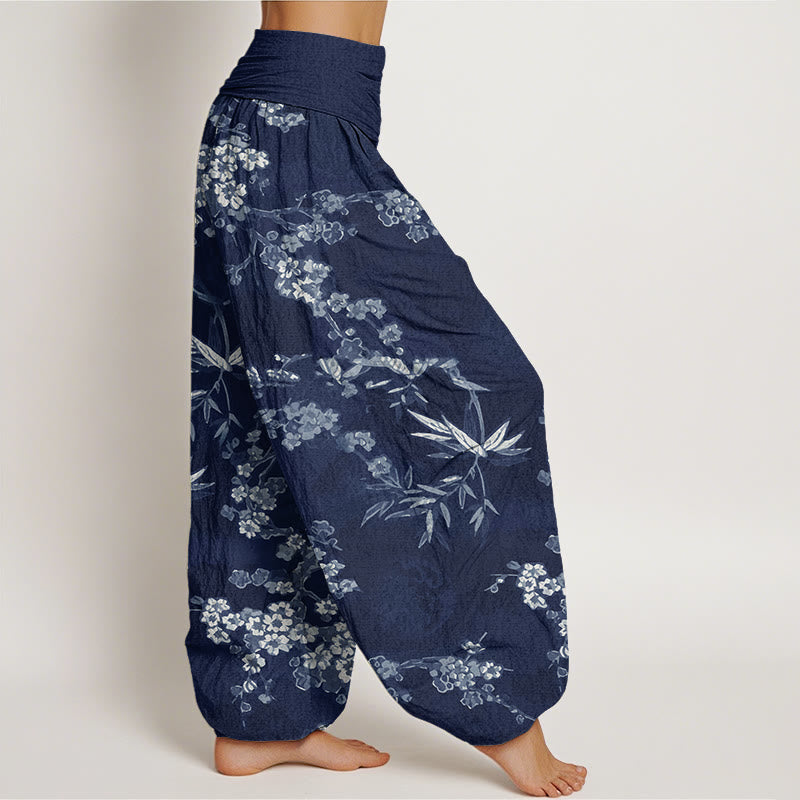 Pantalones harén con cintura elástica para mujer con estampado de flores de cerezo blancas y Buddha Stones - image 1