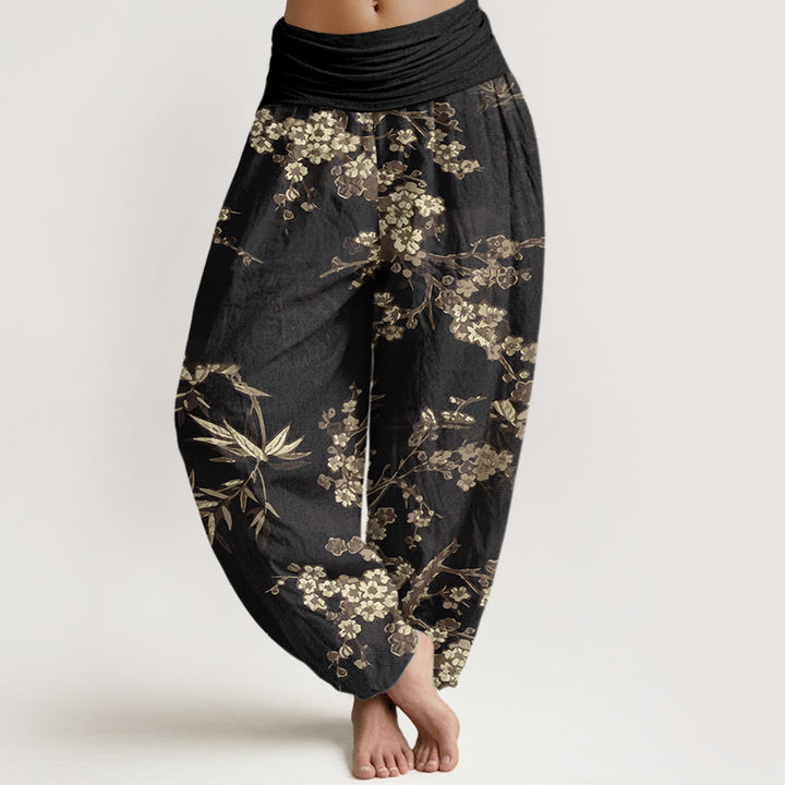 Pantalones bombachos de cintura elástica para mujer, de algodón blanco con estampado de flores de sakura y piedras de Buddha Stones. - Negro - US22，UK/AU26，EU54 (6XL) - image 7