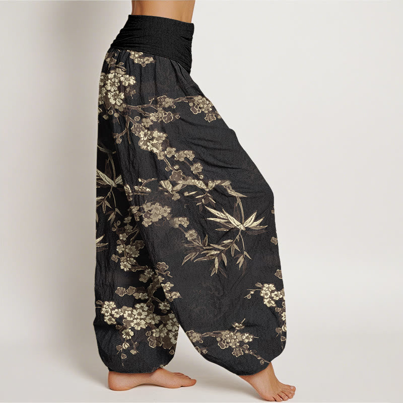 Pantalones harén con cintura elástica para mujer con estampado de flores de cerezo blancas y Buddha Stones - image 9