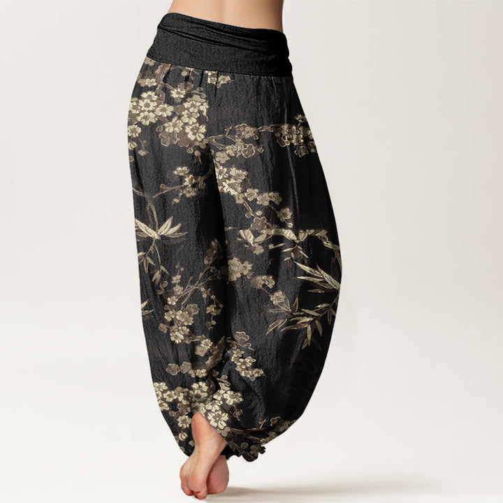Pantalones harén con cintura elástica para mujer con estampado de flores de cerezo blancas y Buddha Stones - image 10