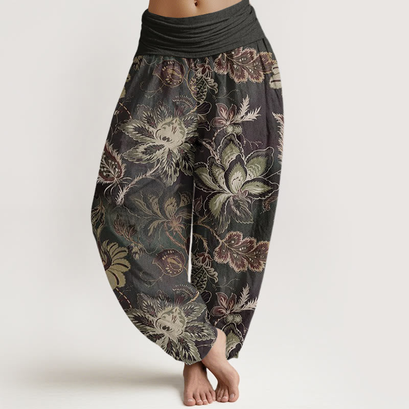 Pantalones bombachos de mujer con cintura elástica, estampado floral informal de Buddha Stones, de algodón. - Gris oscuro - US22，UK/AU26，EU54 (6XL) - image 0