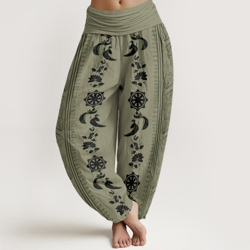 Pantalones bombachos de cintura elástica para mujer con estampado de Buddha Stones, rueda del Dharma, loto y símbolo OM. - Caqui oscuro - US22，UK/AU26，EU54 (6XL) - image 4