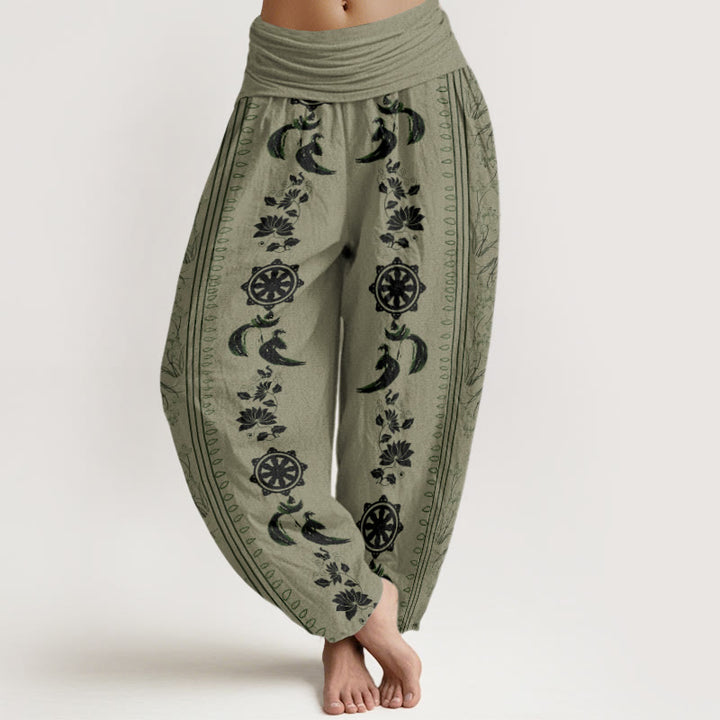Pantalones harén con cintura elástica para mujer con diseño de rueda del Dharma y Buddha Stones y loto OM - Caqui oscuro - US22，UK/AU26，EU54 (6XL) - image 5